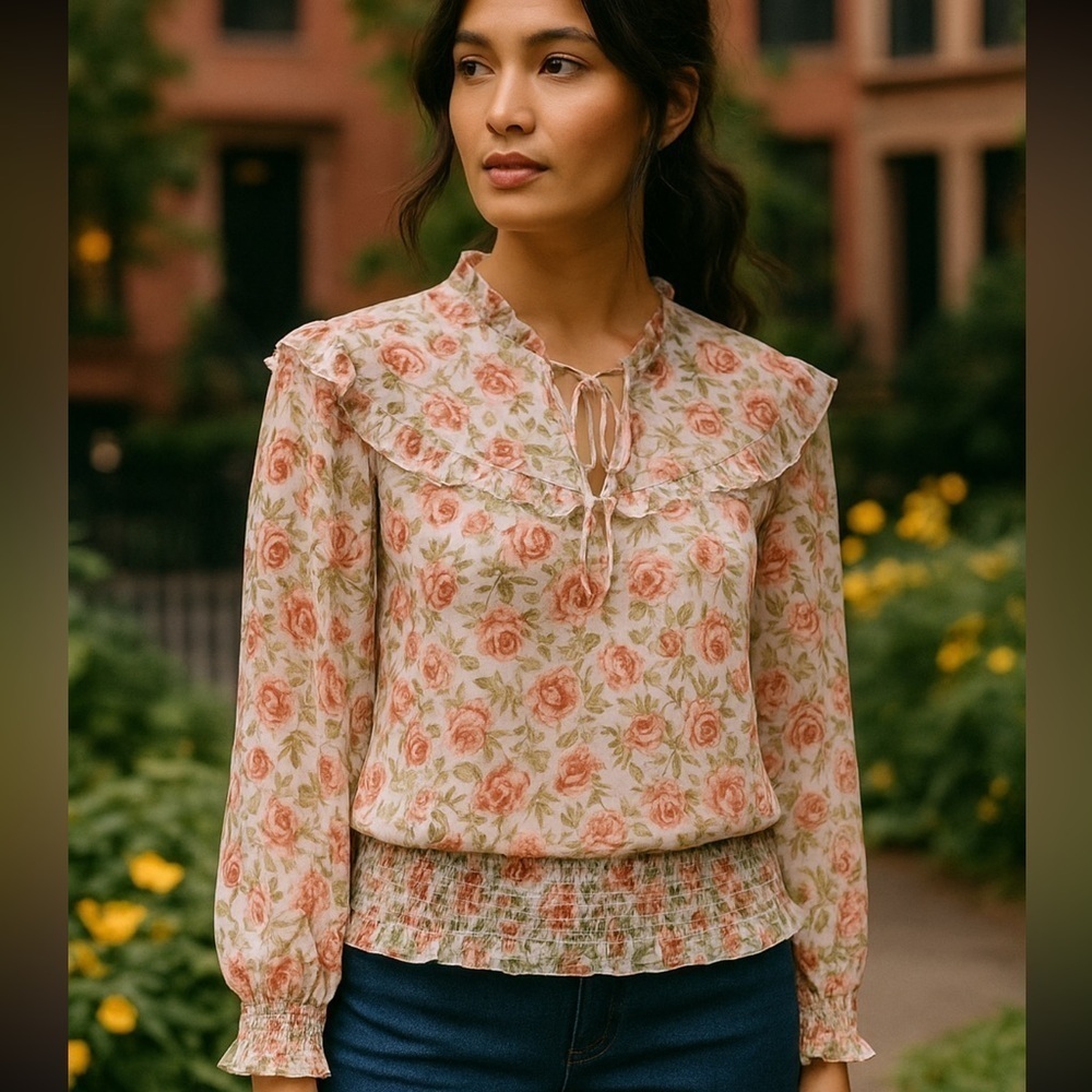 Inc International Concepts Floral Print Chiffon Ruffle Smocked Hem Blouse